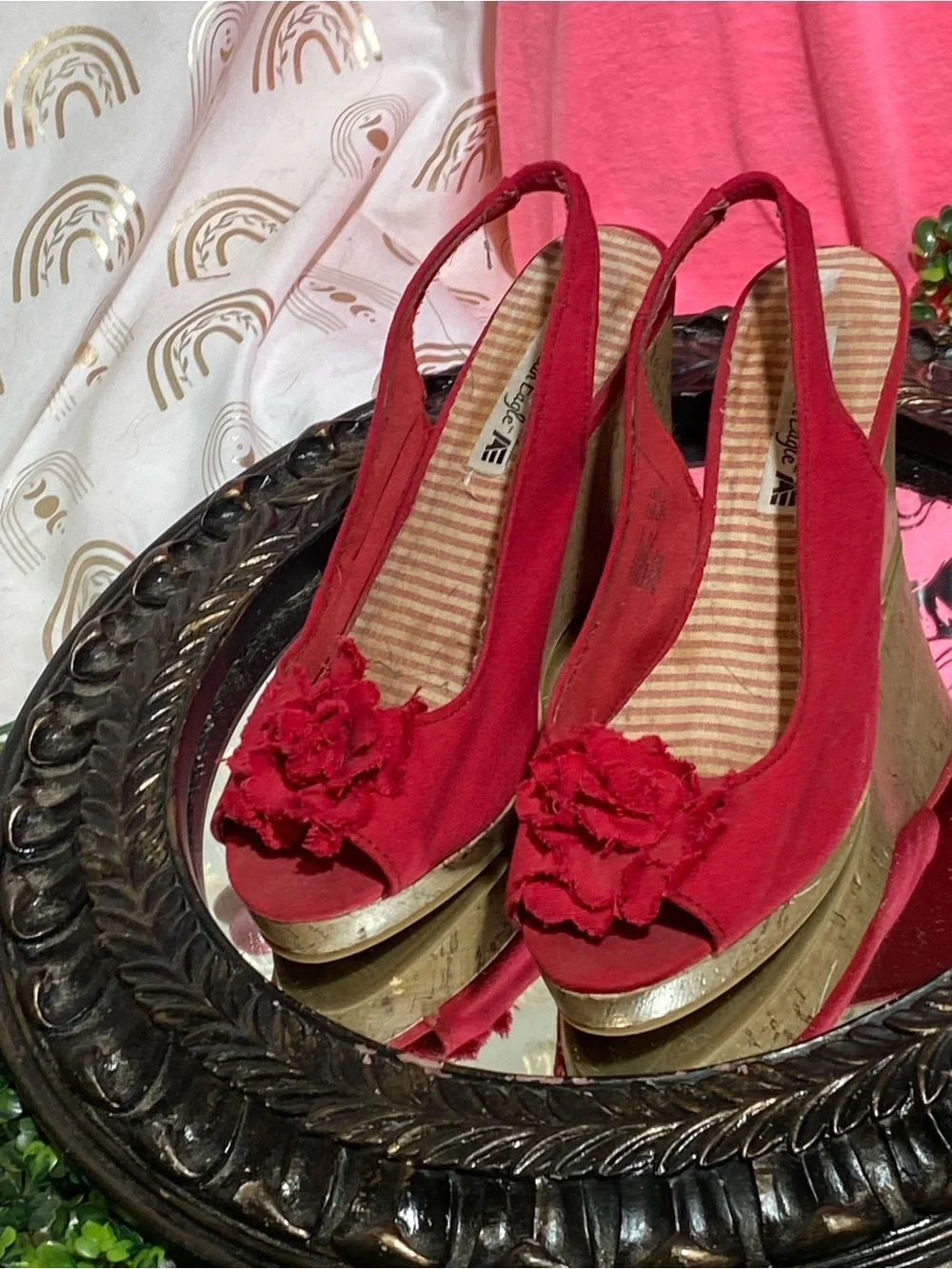 American Eagle Outfitters Red Slingback Wedge Sandals with Floral Accent